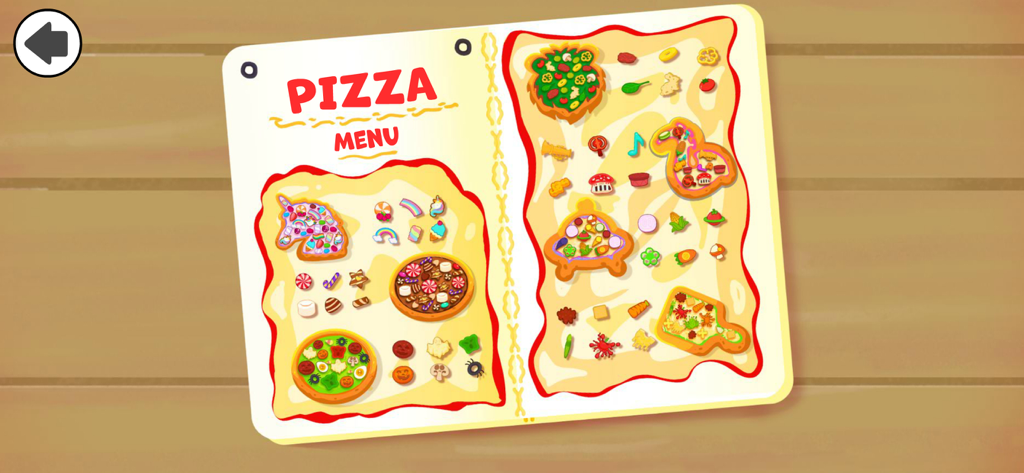 Pizza Maker Games for Kids 2-4 - 子供向けのさまざまなピザの形やトッピングを示す、カラフルなピザメニュー画面。