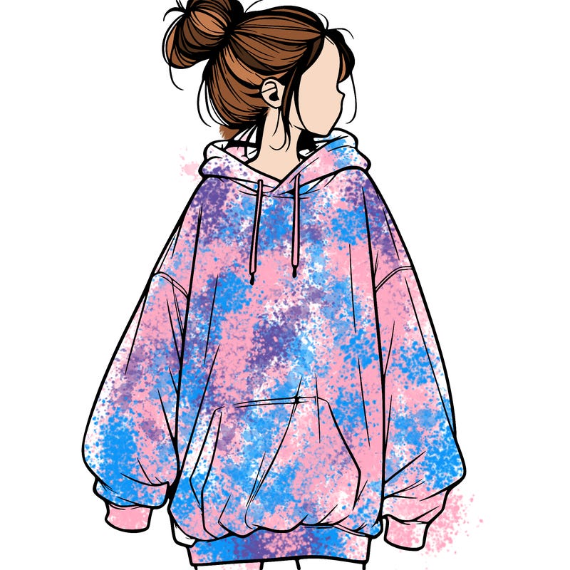 realistic girl with a oversized sweatshirt on and a bun