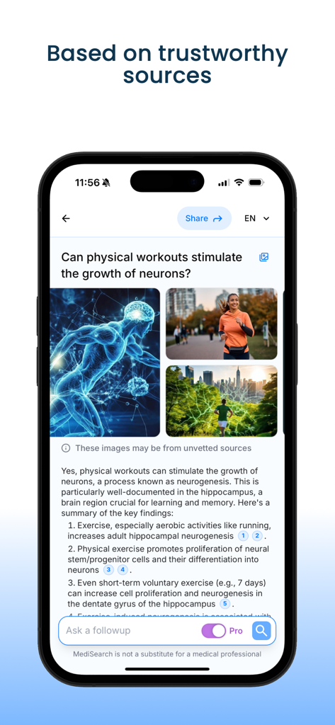 La aplicación MediSearch AI que muestra una consulta médica sobre el crecimiento de neuronas con referencias científicas citadas.