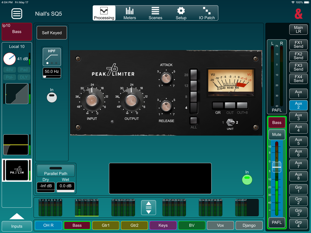 SQ MixPad - SQ MixPad app interface showing the Peak 76 Limiter processing controls