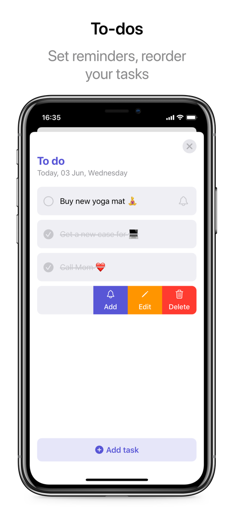Daily Planner - Schedule App - A clean mobile interface showing a todo list with task management options like add edit and delete in a daily planner app