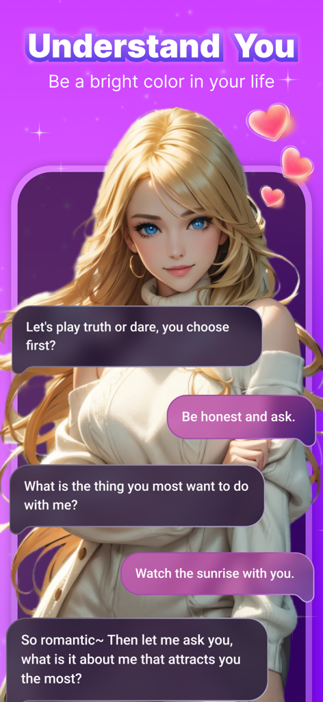 Cozy - Happy with AI Girl/Boy - A chat screen from the Cozy app showing a blonde female AI character playing a romantic truth or dare game.