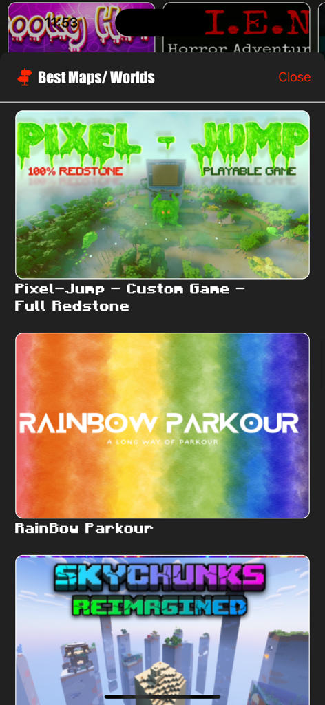 MCPE ADDONS - For MINECRAFT PE - A list of popular Minecraft PE maps and worlds including Pixel Jump, Rainbow Parkour, and Skychunks Reimagined in the MCPE ADDONS app