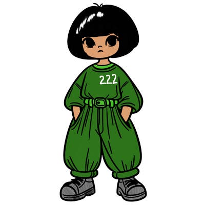 girl in baggy top and pants and short hair