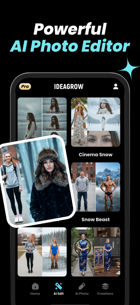 Ideagrow : AI Image Generator - Interfaz de la aplicación Ideagrow que muestra varios estilos de edición de fotos con IA y opciones de transformación.