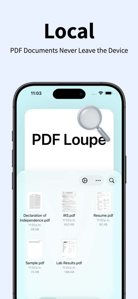 PDF Loupe - Private AI Reader - Interfaz de la aplicación PDF Loupe mostrando documentos privados almacenados localmente en un iPhone