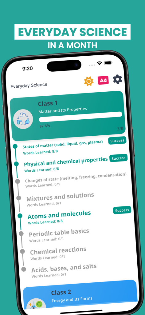 Learn Everyday Science! - Lista de lecciones de la aplicación Learn Everyday Science sobre Materia y sus Propiedades