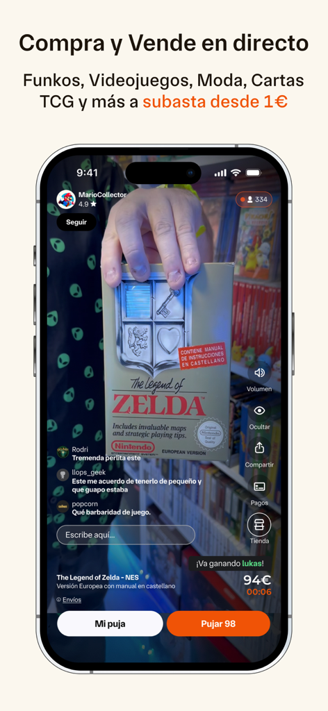 Subasta en vivo de un juego retro de Legend of Zelda en la aplicación de compras Geek