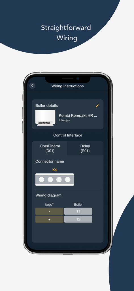 L'application tado pour Installateurs affichant des instructions de câblage professionnelles et des schémas de bornes pour une chaudière Intergas