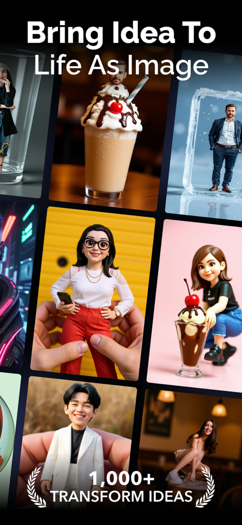 A collage of AI generated images showing various creative transformations including miniature characters and 3D cartoon avatars