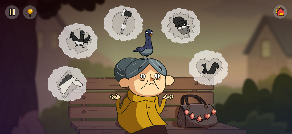 Lost in Play - Un'anziana donna seduta su una panchina del parco con un uccello in testa e varie icone di enigmi nelle nuvolette di pensiero.