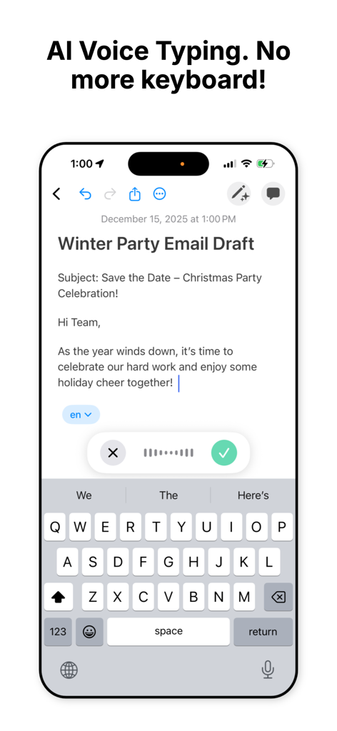 iPhone screen showing Cockatoo AI Note Taker app using voice typing to draft an email