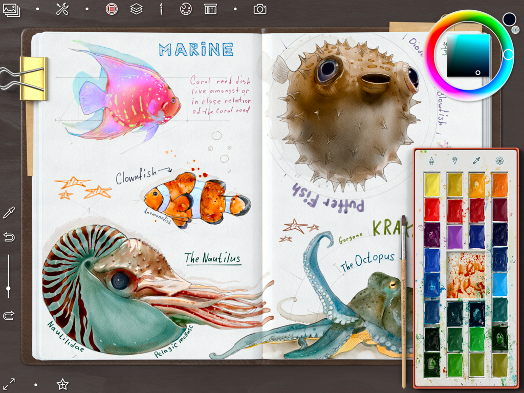 Digital watercolor sketches of marine life in an art journal within the Realistic Paint Studio app