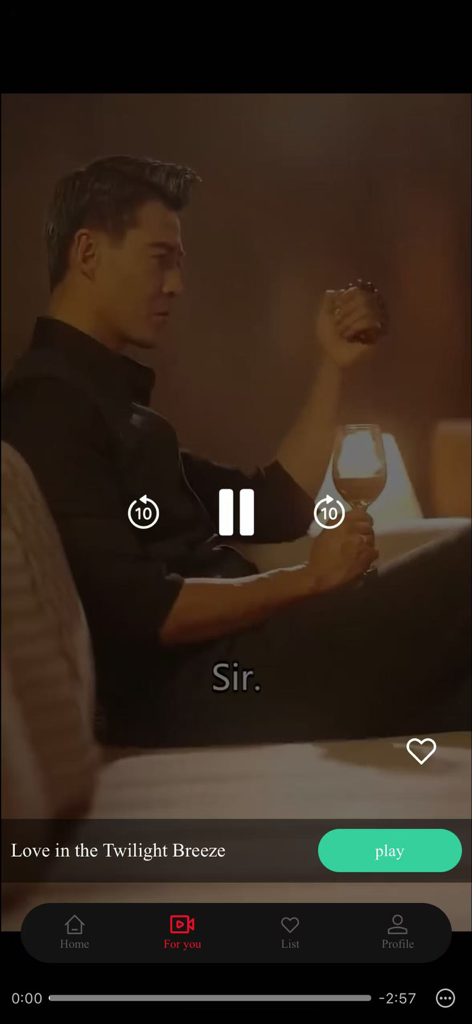 Shortv - Watch Dramas & Shows - Interface of the Shortv app playing a short-form drama titled Love in the Twilight Breeze featuring a man holding a wine glass.
