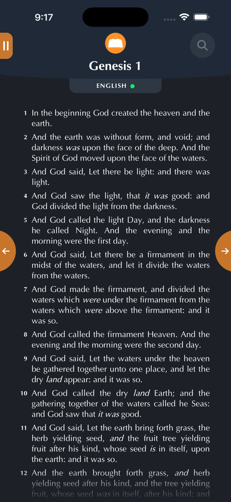 MyOwnBible - MyOwnBible app interface showing the first chapter of Genesis in English