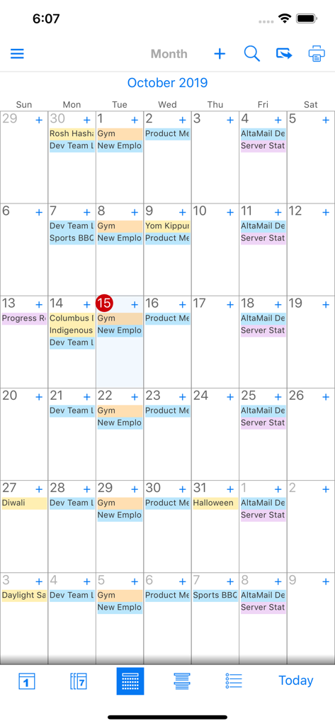 Visão mensal do calendário dentro do aplicativo Print n Share Pro mostrando eventos agendados e opções de produtividade