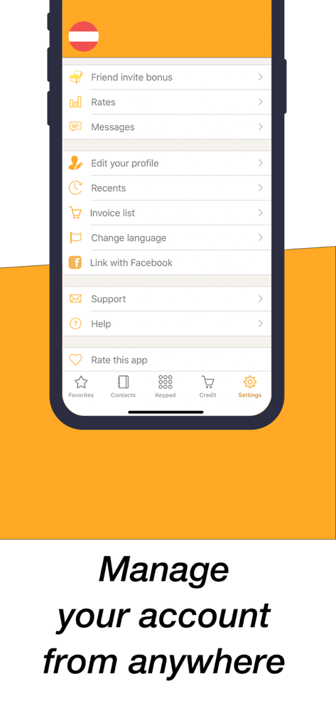 toolani: International Calling - 料金や請求書リストなどのアカウント管理オプションが表示された設定メニューを示すtoolaniアプリのモバイルインターフェース。