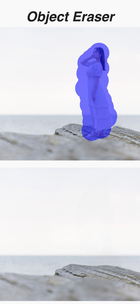 Comparação antes e depois do recurso de apagador de objetos removendo uma pessoa de uma paisagem costeira