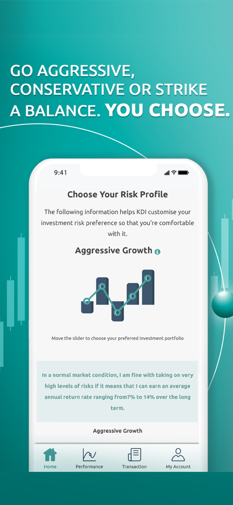 Kenanga Digital Investing - Choose your risk profile screen in the Kenanga Digital Investing mobile app showing an aggressive growth portfolio option.