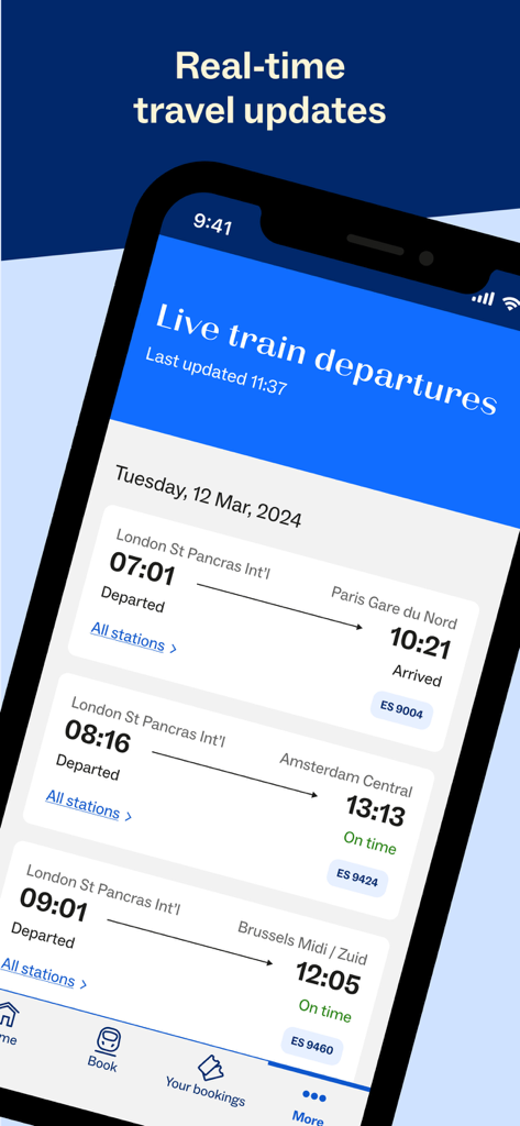 Eurostar: Train travel & Hotel - Eurostar mobile app interface showing live train departure times and status for trips across Europe.