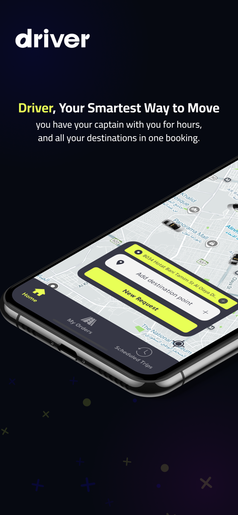DRV-Driver - Smartphone displaying the DRV-Driver app with a map and a ride request interface.