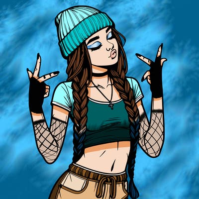 realistic teenage girl with braids and a beanie and crop top doing 🫶🏼