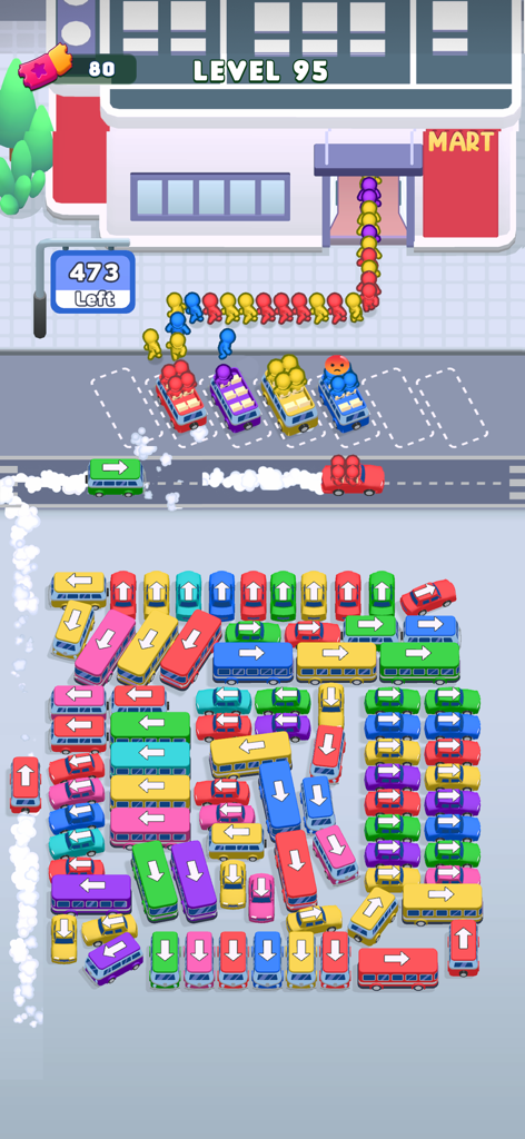 Bus Escape: Traffic Jam - Captura de tela de Bus Escape Traffic Jam mostrando bonecos de cores correspondentes embarcando em autocarros no nível de puzzle de estacionamento.