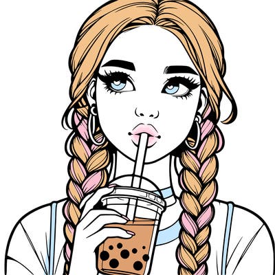 realistic girl with braided hair drinking boba