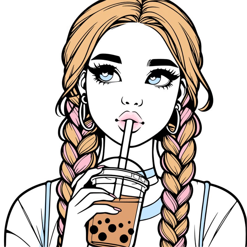 realistic girl with braided hair drinking boba