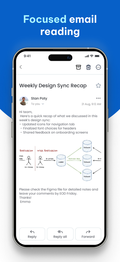 Email App for Hotmail - Pantalla de smartphone que muestra la interfaz de lectura de correos electrónicos enfocada de la App de Correo para Hotmail