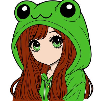 a pretty girl wearing a frog hoodie portrait with long hair