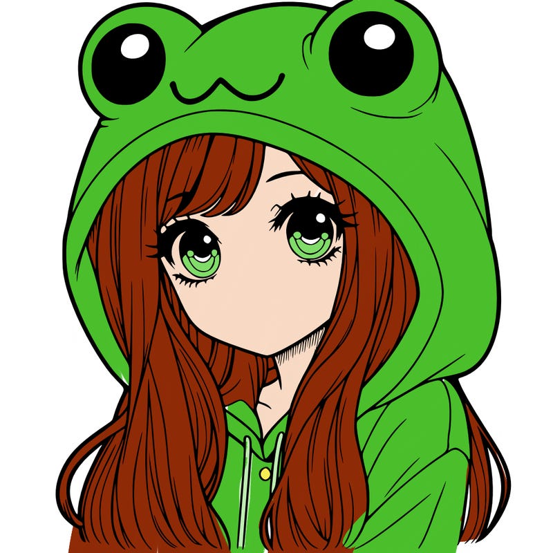 a pretty girl wearing a frog hoodie portrait with long hair