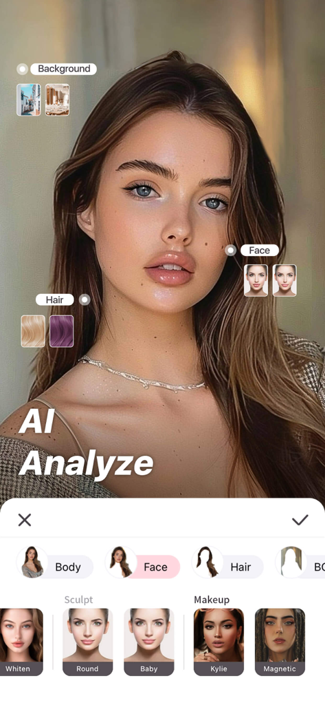 Perfect Me app interface showing AI portrait analysis with face and hair editing presets