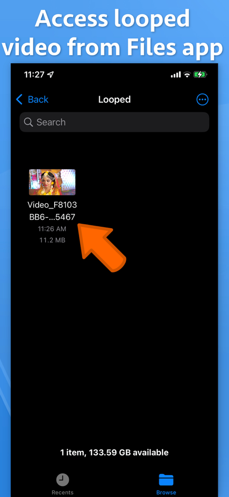 Interface showing how to access saved looped videos from the iOS Files app