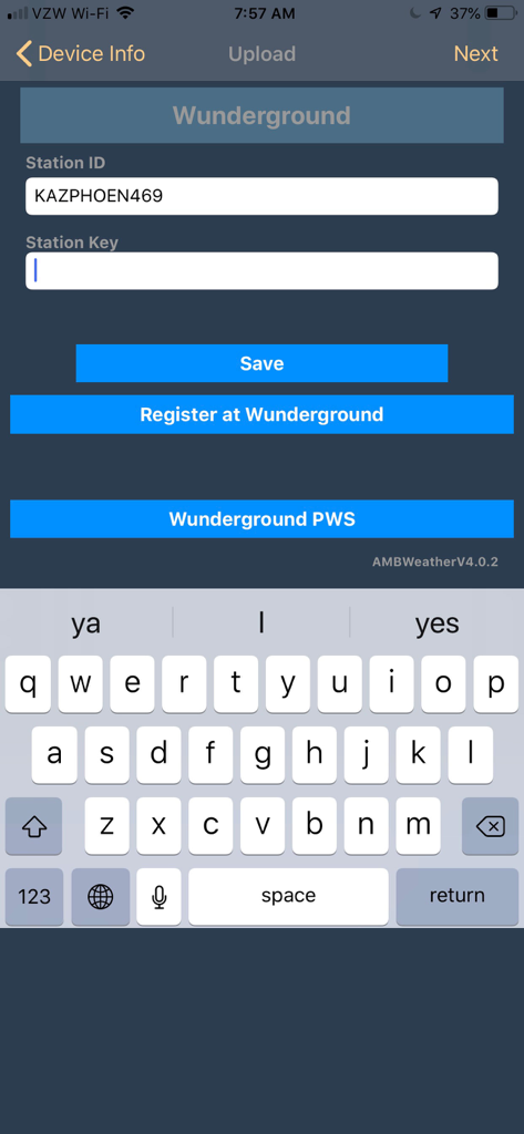 awnet - awnetアプリのWeather Underground設定インターフェース。ステーションIDとステーションキーのフィールドがあります。