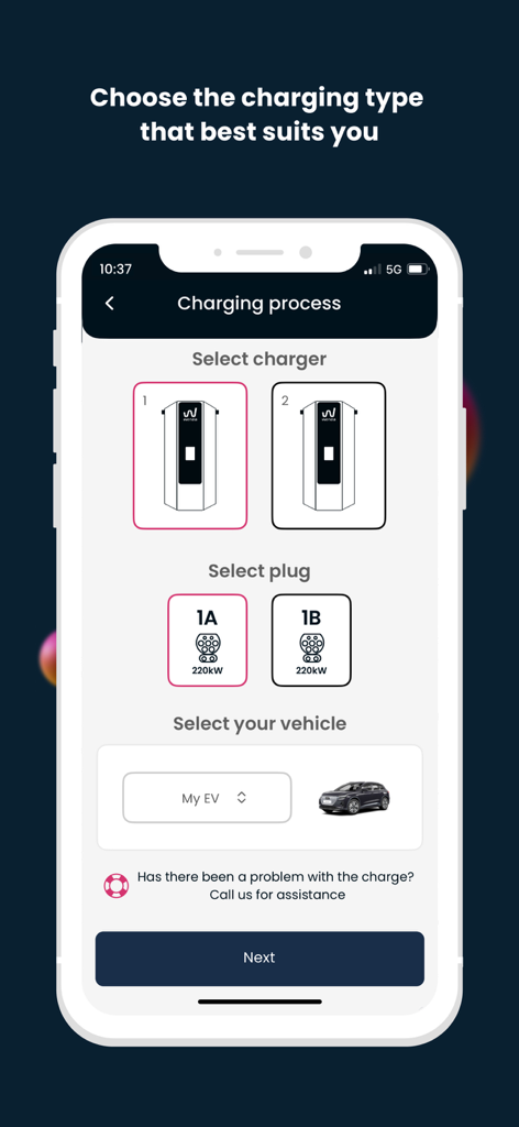 Wenea - Interfaz de la aplicación Wenea para seleccionar el cargador y el enchufe del vehículo eléctrico