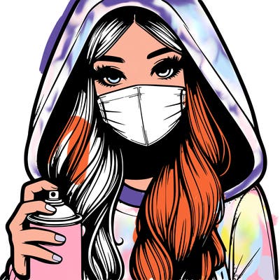 girl wearing a mask with long hair with her hood up spray-painting realistic