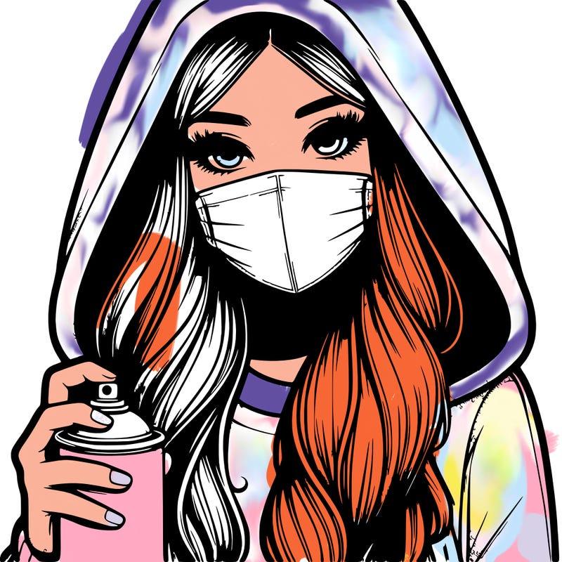 girl wearing a mask with long hair with her hood up spray-painting realistic