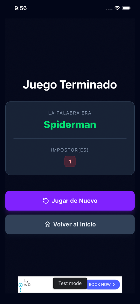 Schermata di fine gioco nell'app Impostor che mostra la parola segreta rivelata Spiderman e le opzioni per giocare di nuovo.