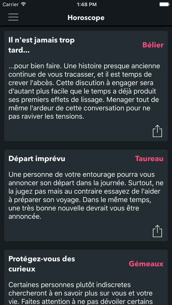 Le Vrai Horoscope - Interface de l'application Le Vrai Horoscope affichant les prédictions quotidiennes pour les signes du zodiaque en français