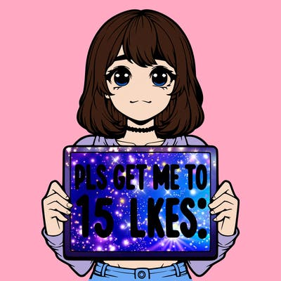realistic girl holding up a sign that says “pls get me to 15 likes!”