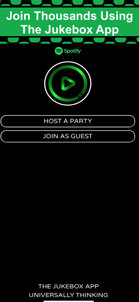 Startbildschirm der Jukebox App mit Optionen zum Hosten einer Party oder zum Beitreten als Gast