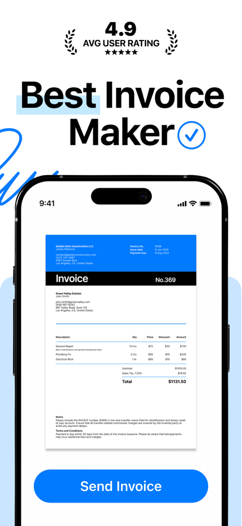 A smartphone screen displaying a professional business invoice and the text Best Invoice Maker