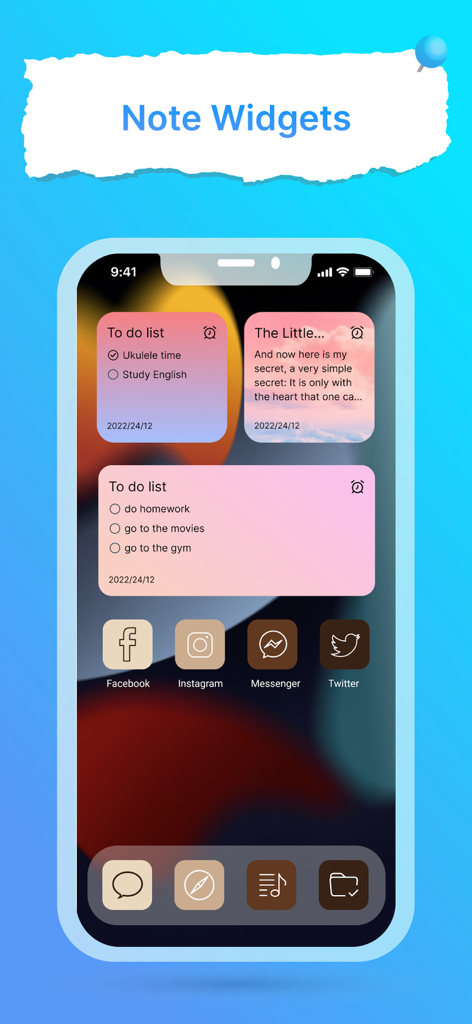 Tela inicial do iPhone com widgets de lista de tarefas coloridos e ícones de aplicativos estéticos