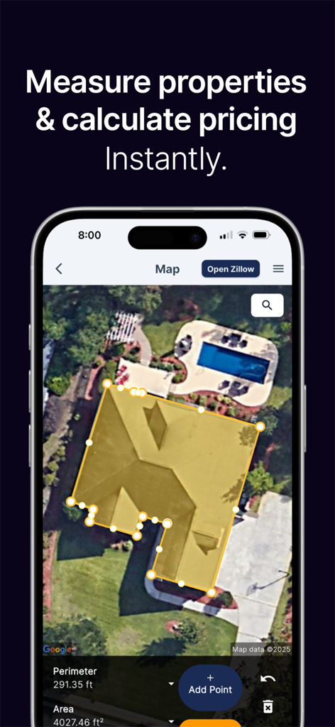 QuoteIQ app interface showing a satellite map view for measuring property area and perimeter.