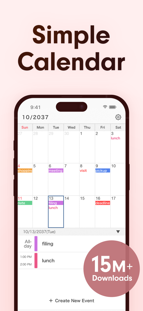 Calendario mensual de la aplicación Simple Calendar con eventos codificados por colores y una insignia de 15 millones de descargas