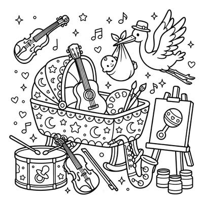 Welcome a new arrival with a symphony of colors! This delightful coloring page combines the joy of music and art with the sweetness of a baby shower, perfect for little hands to explore.