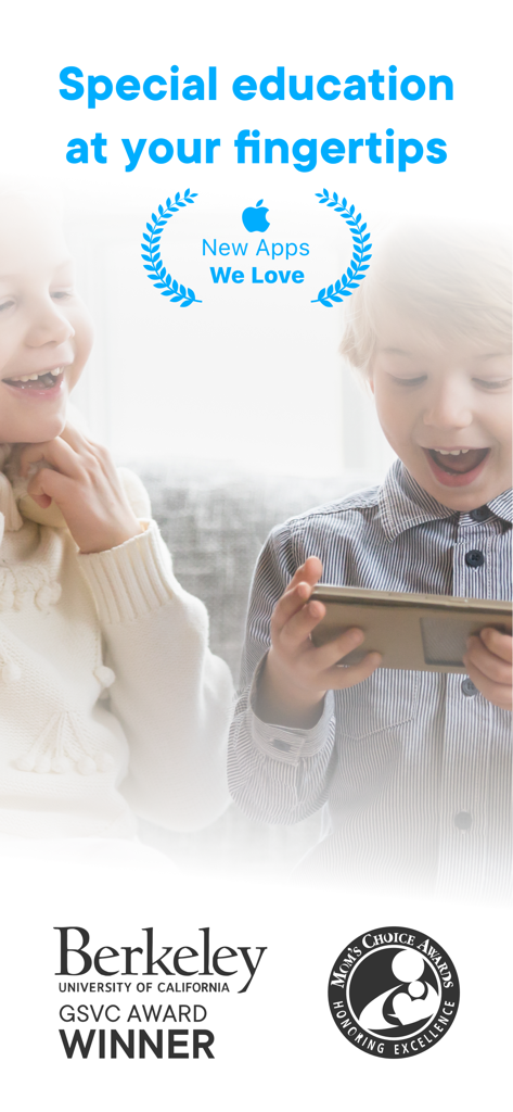 Otsimo | Special Education 1+ - Niños usando la aplicación de educación especial Otsimo con los logotipos de los premios Berkeley y Moms Choice a la vista