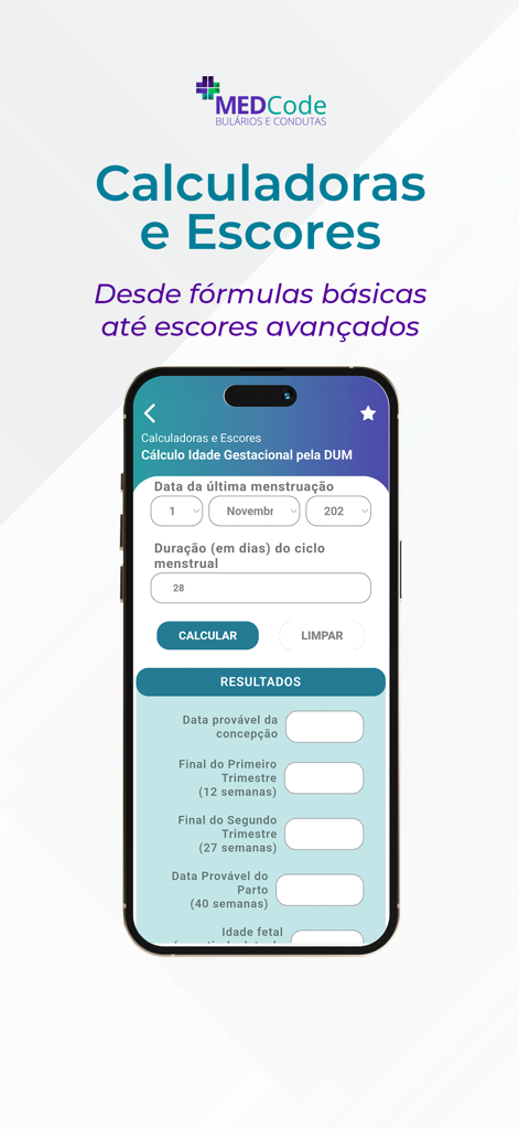 MEDCode – App medicina - MEDCode app interface featuring a medical calculator for determining gestational age based on the last menstruation date.