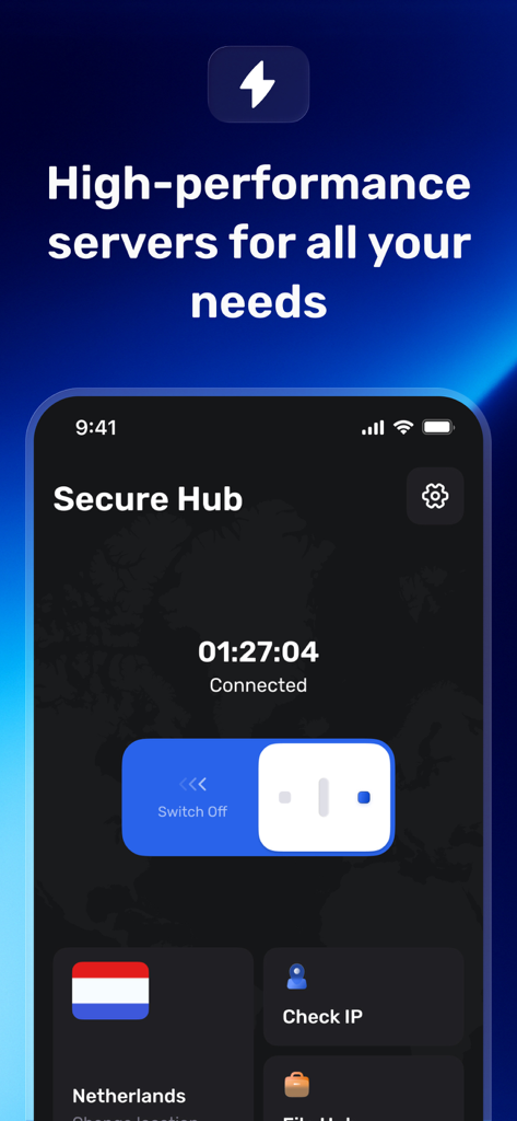 HiddenShelter VPN app interface showing a connected status to a server in the Netherlands